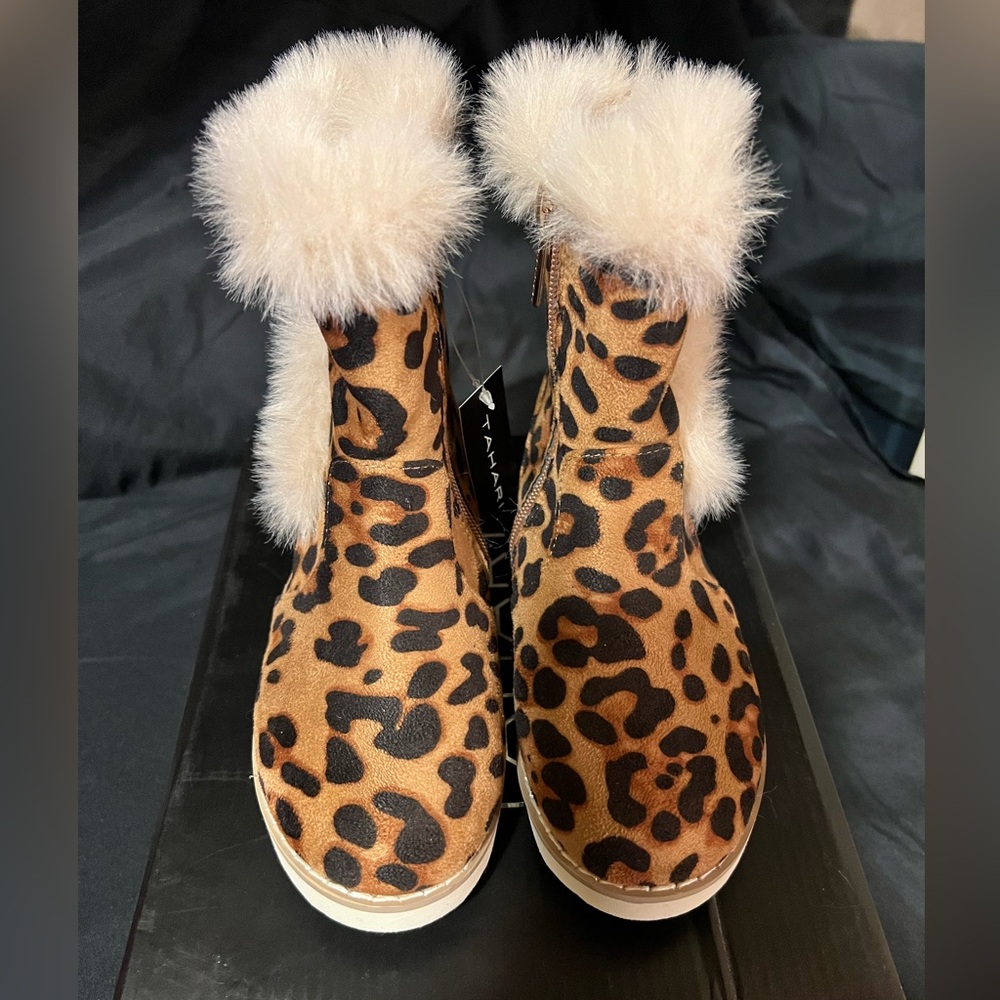 Leopard Print Fur-Trimmed Women's Boots